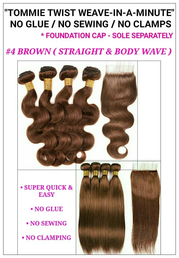 "TT RAPID EXTENSION UNITS"- BRAZILIAN #4 MEDIUM BROWN - STRAIGHT & BODY WAVE: BUNDLES / CLOSURE